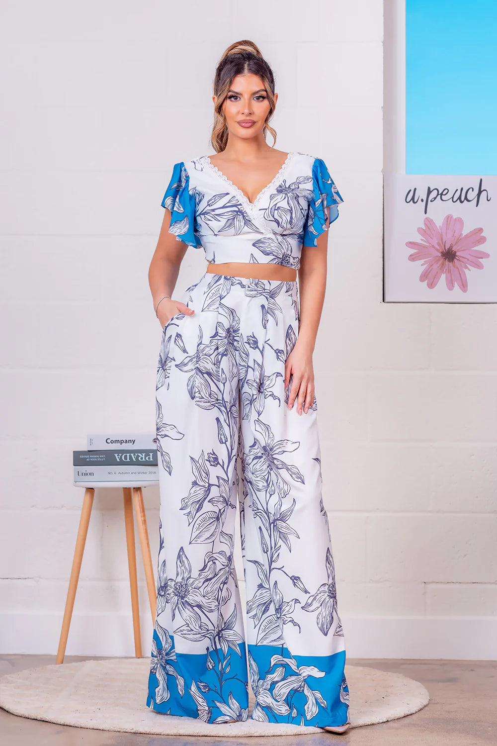 BLUE FLORAL 2 PIECE WIDE LEG PANT SET