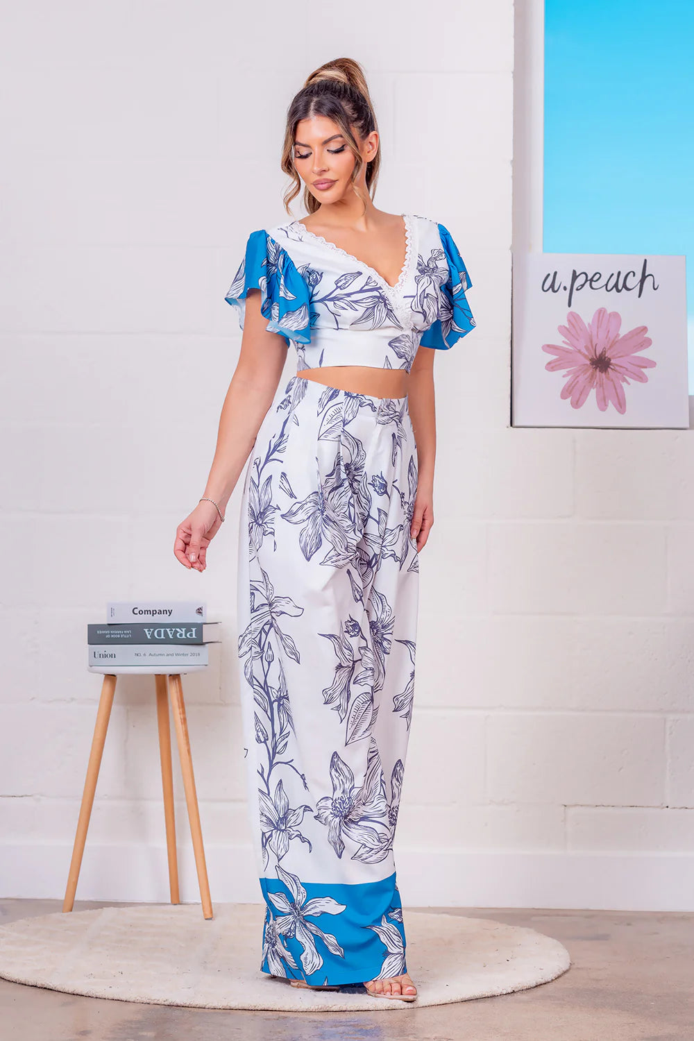 BLUE FLORAL 2 PIECE WIDE LEG PANT SET
